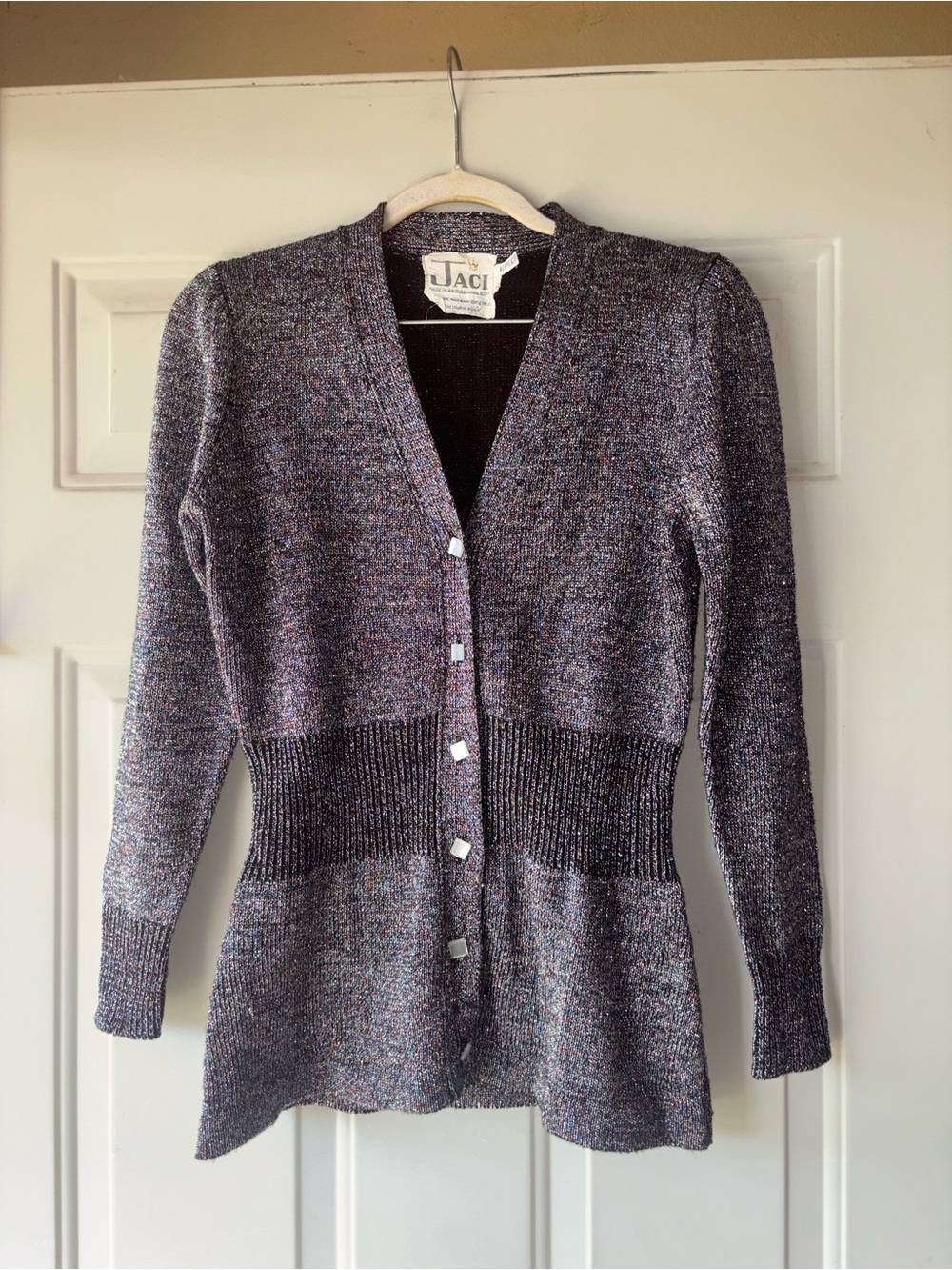 Vintage 70’s disco Jaci silver metallic button-down sweater size L